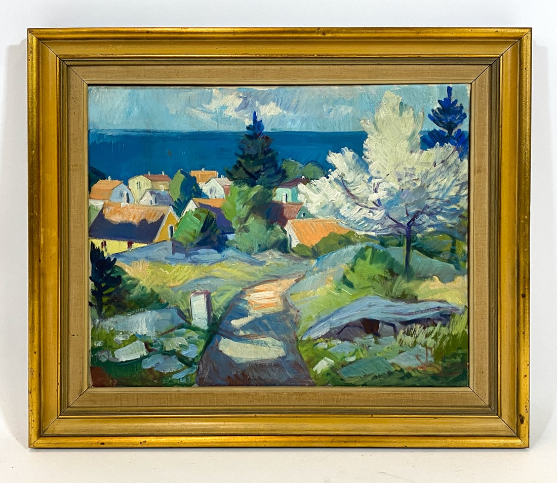 NIS STOUGAARD (B. 1908) MID-CENTURY LANDSCAPE O/C: Signed to lower right corner, with information about the artist on back to canvas. Landscape with village in background. Oil on canvas. Denmark, mid 20th century. Dimensions: Frame H 21" x W 25".