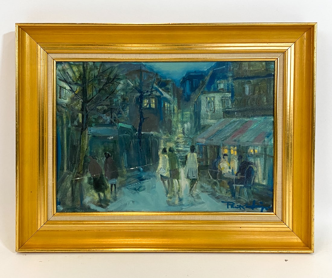 DANISH EXPRESSIONIST CITY SCENE O/C: Signed to lower right corner. City scene at night. Oil on canvas. Denmark, mid 20th century. Dimensions: Frame H 20" x W 25.5". Canvas H 14.5" x W 20". Condition: Scratch to paint across center of