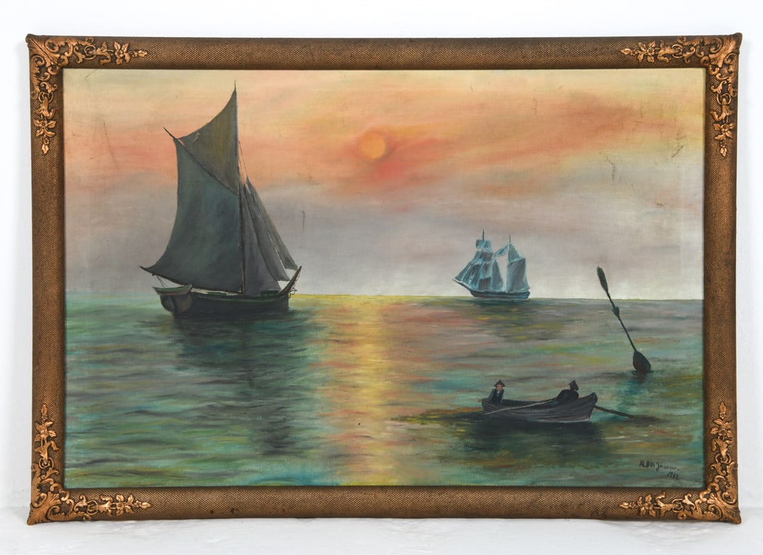 ALBIN JOHANSON (20TH C.) SEASCAPE WITH BOATS O/C: Signed and dated to lower right corner, 1933. Seascape with boats at sunset. Oil on canvas. Denmark, 1933. Dimensions: Frame H 31" x W 44". Canvas H 26.75" x W 40.75". Condition: Few patches to