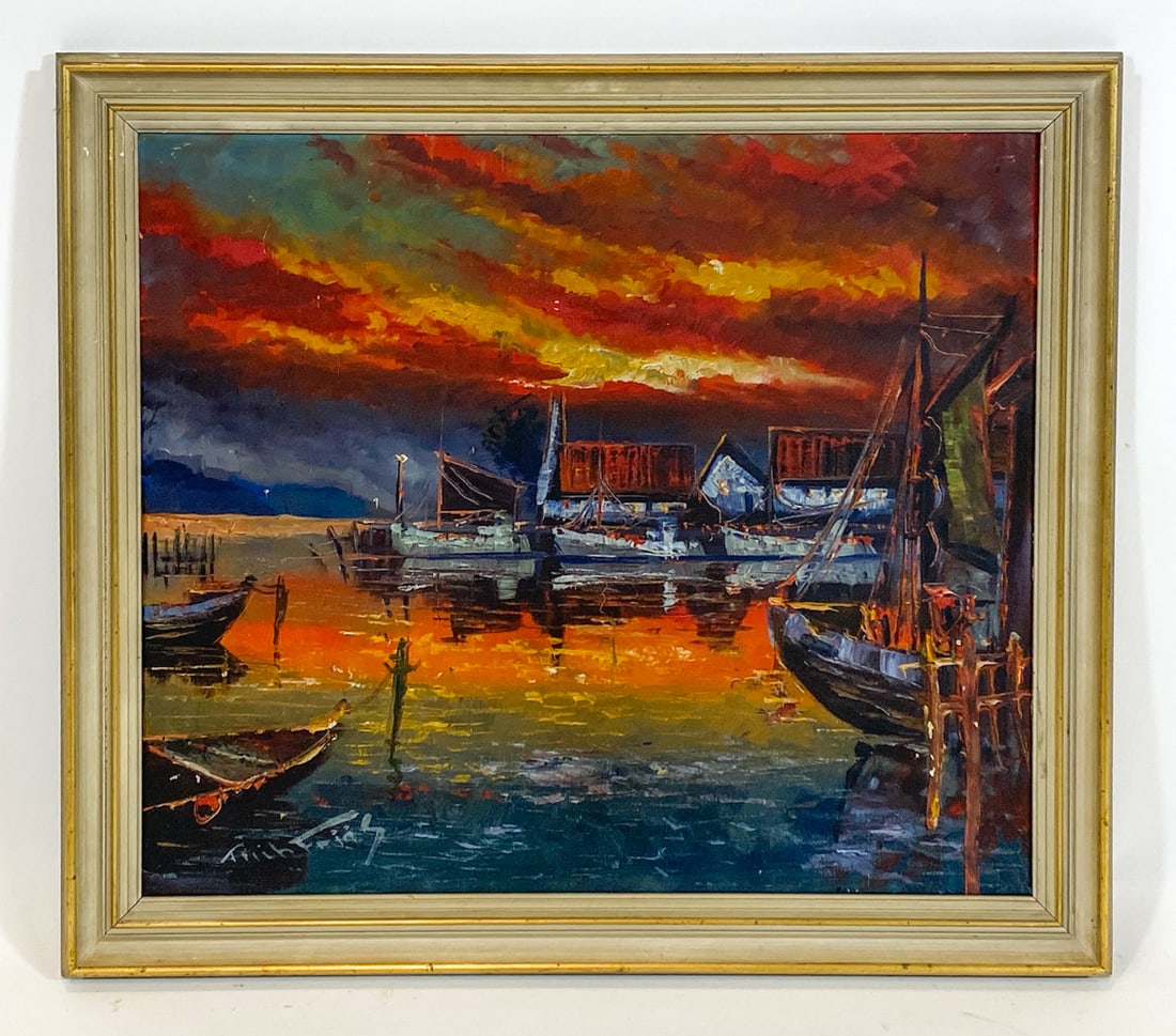 DANISH EXPRESSIONIST HARBOR SUNSET O/C (1 of 1)
