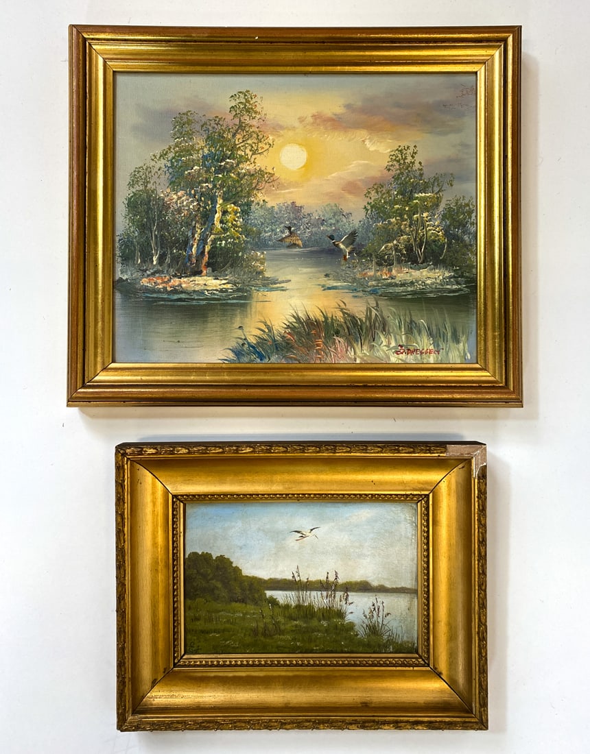 DANISH MARSH LANDSCAPE PAINTING GROUPING O/C: Includes (2) paintings with similar subjects. (1) by B. Dressen, signed to lower right corner. Marsh landscape with ducks in flight. Other has initials to lower left corner. Both oil on canvas.