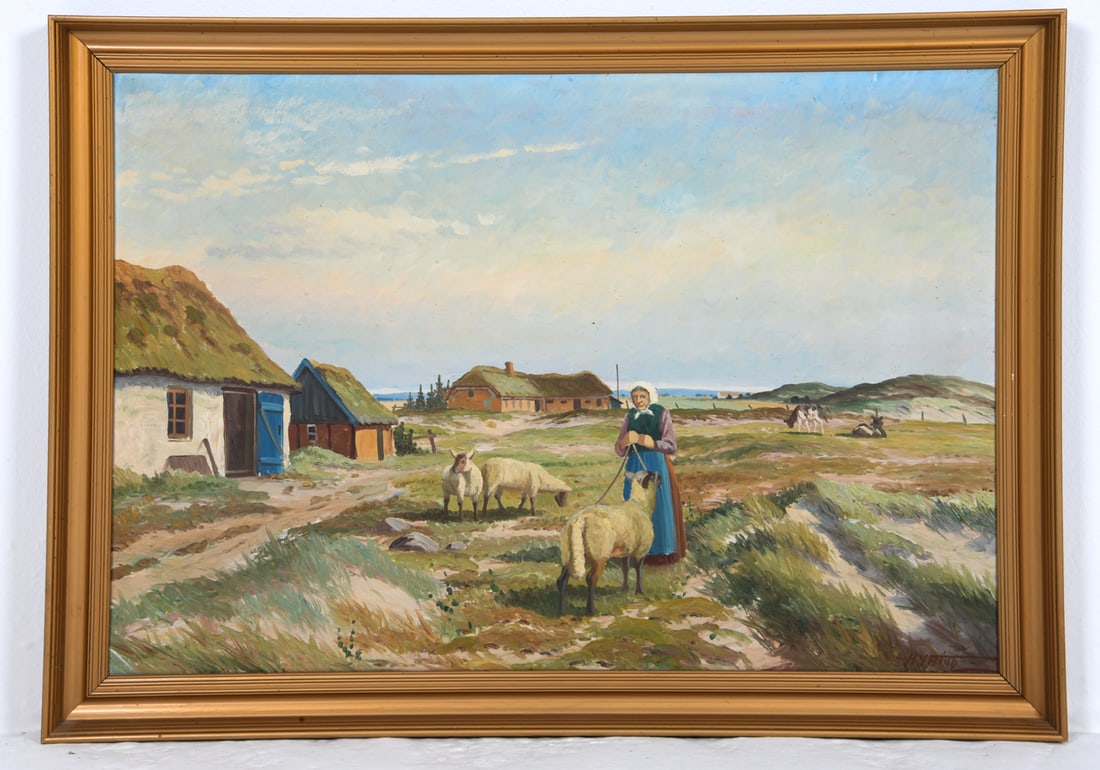 DANISH FARM LANDSCAPE WITH SHEPHERD O/C: Signed to lower right corner. Landscape with shepherd and flock. Oil on canvas. Denmark, mid 20th century. Dimensions: Frame H 31.25" x W 42.5". Canvas H 26.5" x W 39". Condition: Minor scuffs to