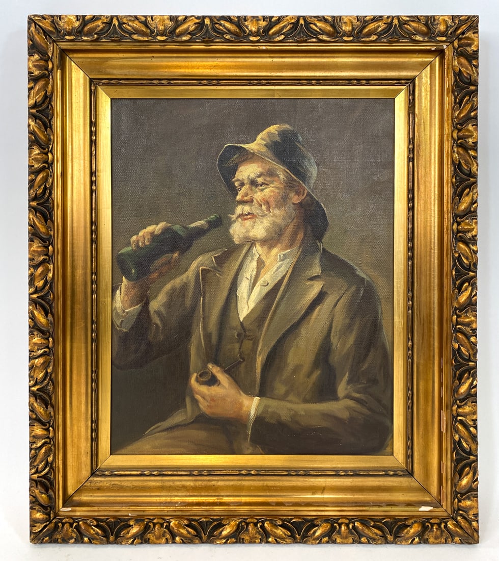 DANISH PORTRAIT OF A MAN DRINKING AND SMOKING O/C: Signed to lower right corner and on back of canvas. Portrait of a man with a bottle in hand. Oil on canvas. Denmark, mid 20th century. Dimensions: Frame H 31" x W 27.5". Canvas H 24" x W 19". Conditio