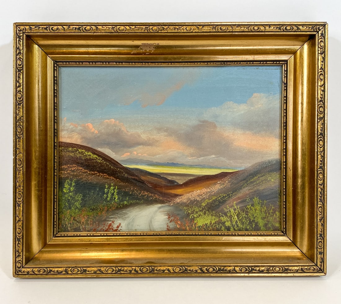 DANISH LANDSCAPE O/C: Landscape with fields of flowers. Oil on canvas. Signed indistinctly to lower left corner. Denmark, mid 20th century. Dimensions: Frame H 17.5" x W 20.5". Canvas H 12" x W 16". Condition: Minor scuffs