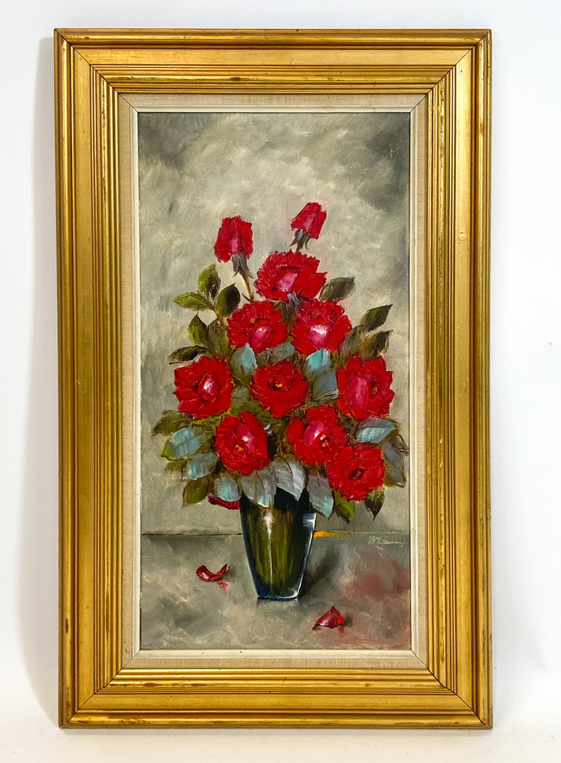 DANISH STILL LIFE FLOWERS O/C: Signed to lower right corner. Still life with red flowers in vase. Oil on canvas. Denmark, mid 20th century. Dimensions: Frame H 32" x W 19.5". Canvas H 24" x W 12.5". Condition: Minor scuffs and