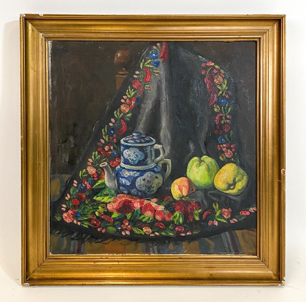 ANTIQUE DANISH STILL LIFE O/C: Apparently unsigned. Still life with fruit and teapot. Denmark, early 20th century. Dimensions: Frame H 23.25" x W 22.5". Canvas H 19" x W 18.5". Condition: Tear or fold to canvas along top, other