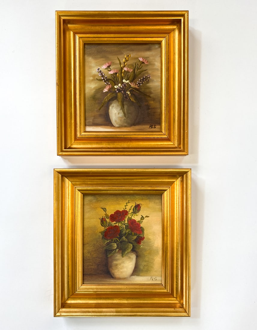 DANISH STILL LIFE FLOWERS O/B: (2) Still life paintings of flowers. Each signed to lower right corner. Oil on board. Denmark, mid 20th century. Dimensions: Largest Frame H 10.5" x W 9.5". Board H 7.5" x W 6.25". Condition: Minor