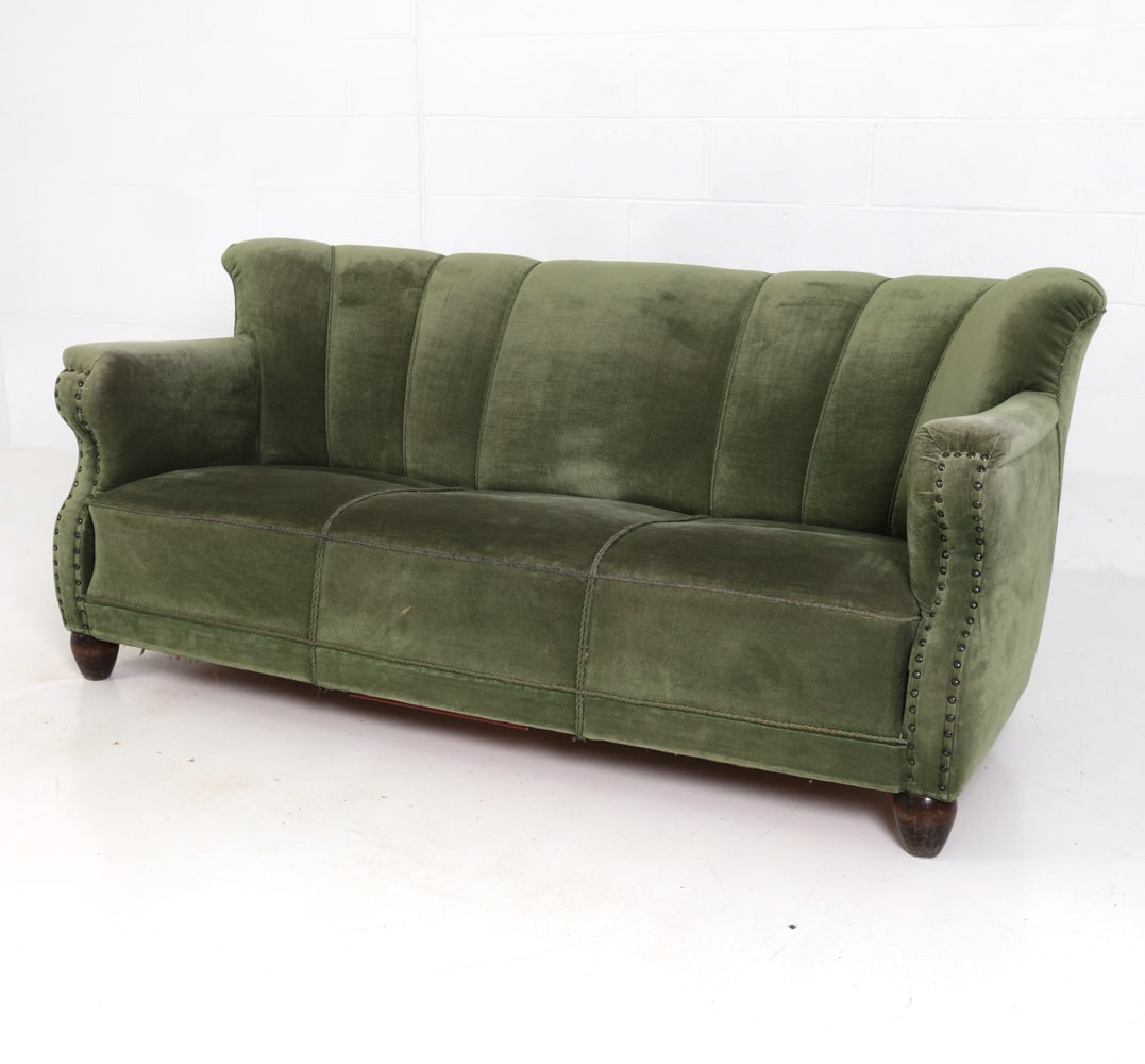 STYLE OF HANSEN DANISH MOHAIR SOFA C. 1940S (1 of 20)