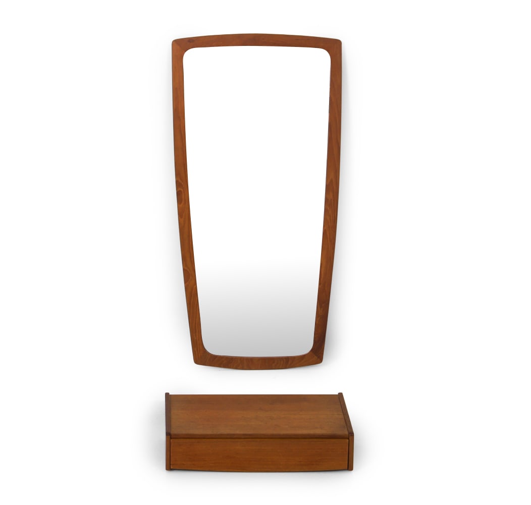 ATTR. AKSEL KJERSGAARD TEAK WALL MIRROR W/ SHELF: Organic shaped mirror with a floating shelf. In teak. Denmark, circa 1960's. Dimensions: (Mirror) H 29.5" x W 14.75" (Shelf) H 4.5" x W 15.75" x D 8" Condition: Wear consistent with age and use. Rubs,
