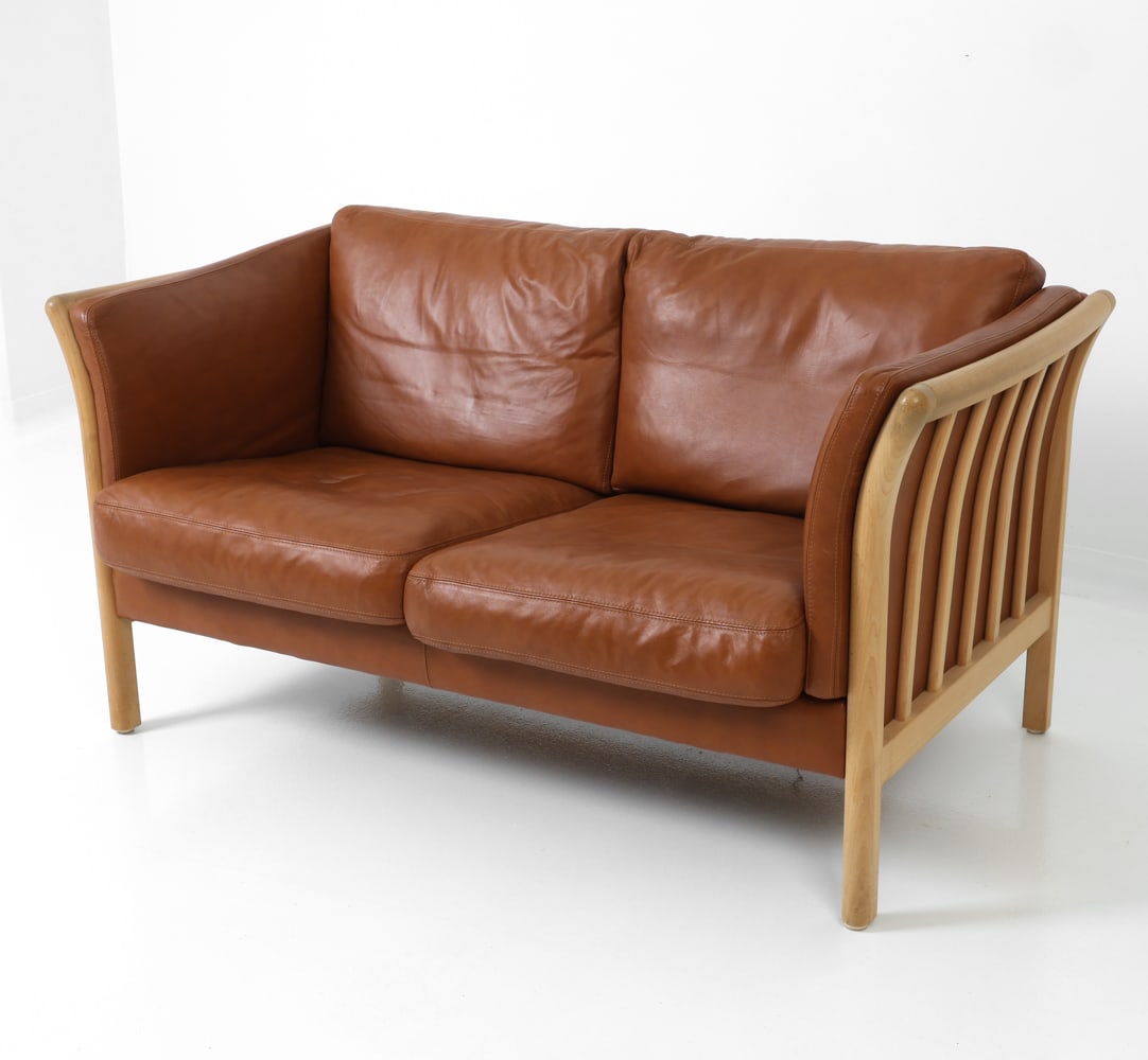 SKALMA DANISH BEECH & LEATHER LOVESEAT C. 1970S (1 of 17)