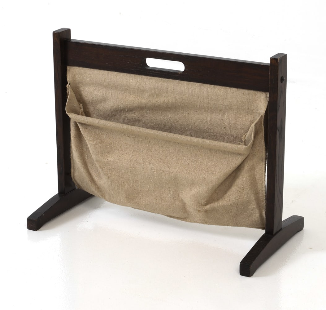 BRDR. FURBO DANISH BEECH MAGAZINE RACK C. 1970S: Magazine holder in stained beech frame with two canvas slings. Apparently unmarked. Denmark, circa 1970s. Dimensions: H 16.75" x W 21.5" x D 11.5" Condition: Soiling and signs of repair to sling. Scuf