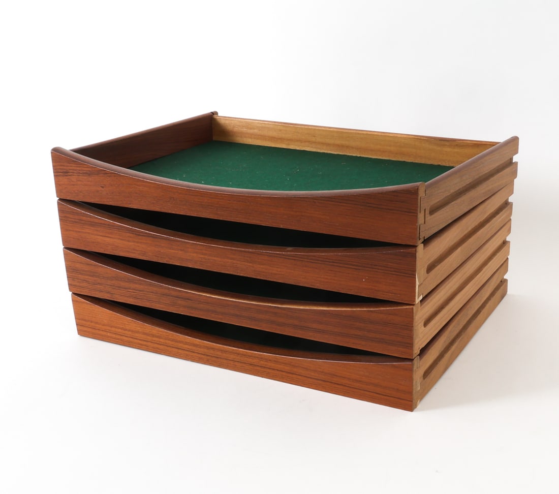 GROUPING OF DANISH TEAK DRAWERS: Grouping of (4) teak drawers for a cabinet or sideboard, could be used as shelves or trays. Each lined with felt. Dimensions: H 2.25" x W 17" x D 12" Condition: Light wear consistent with age and use