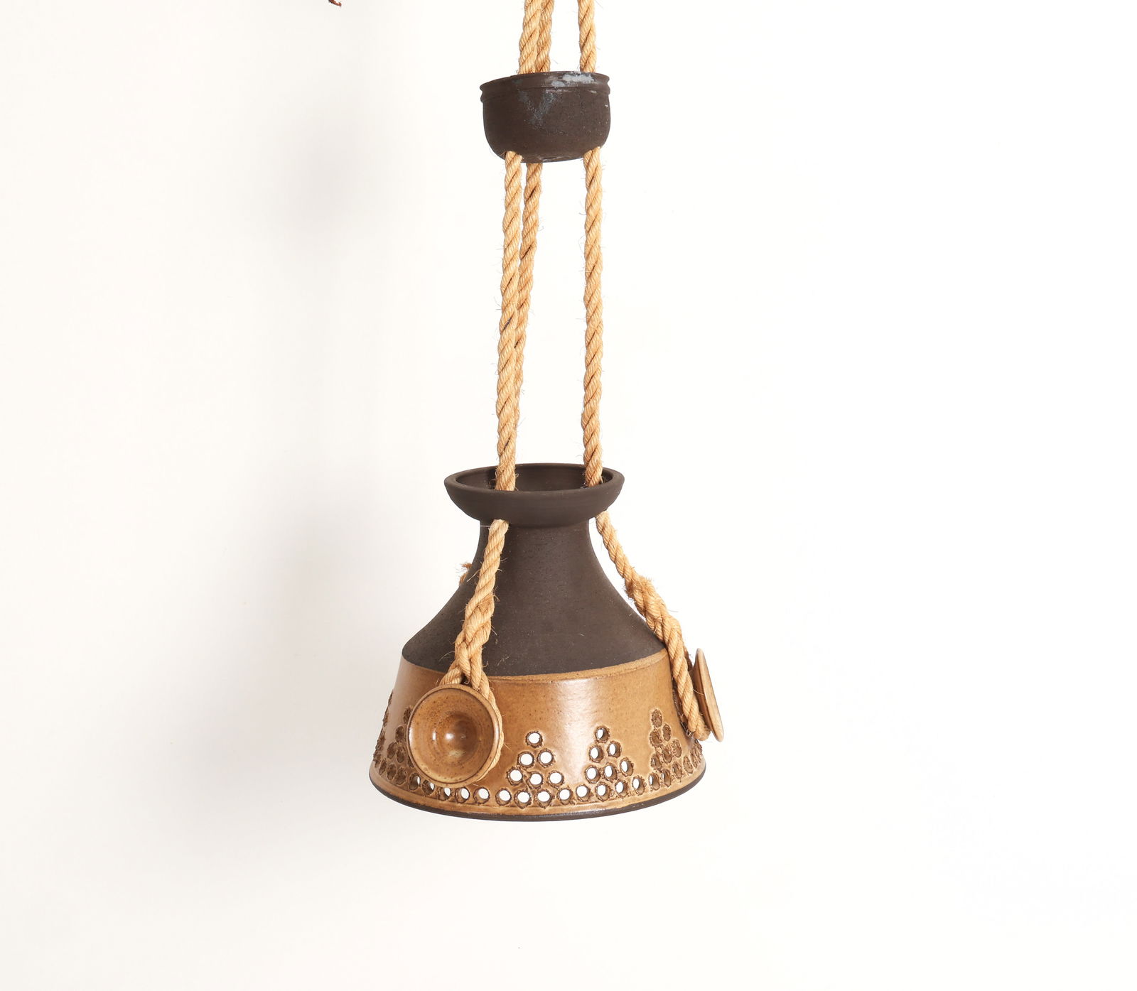 DANISH CERAMIC PENDANT LIGHT 1960S: Ceramic pendant light in two colors. Denmark, circa 1960's. Dimensions: H 10" x Dia 12" Condition: Wear consistent with age and use. Untested. Some scuffs. Signs off repair to canopy.