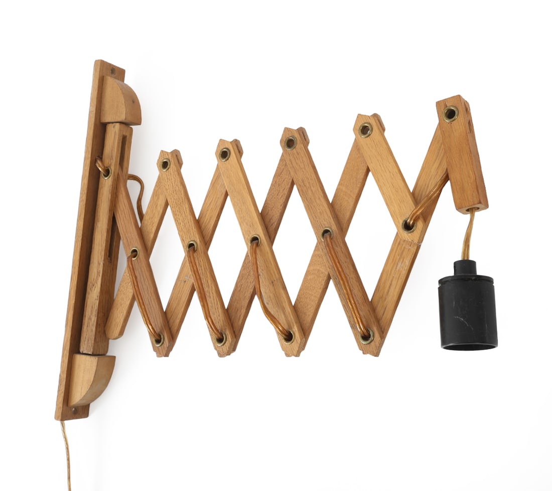 SCANDINAVIAN EXTENDING SCISSOR WALL SCONCE: Wall sconce/lamp with scissor-like arm. Scandinavian, circa 1960's. Dimensions: (Extended) H 13.75" x W 1.5" x D 33" Condition: Not Tested. Wear consistent with age and use including minor dings and
