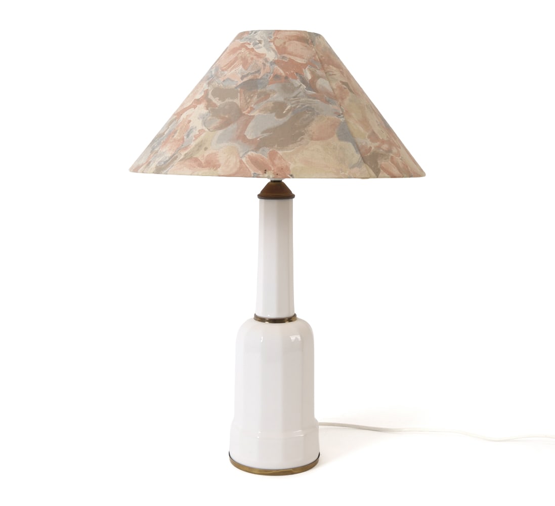 SCANDINAVIAN GLASS TABLE LAMP 1960S: With brass base, copper socket and fabric shade. Label inside the shade. Denmark, circa 1960's. Dimension: H 22.5" x Dia 15.5" Condition: Not tested, European Plug, Wear consistent with age and use.