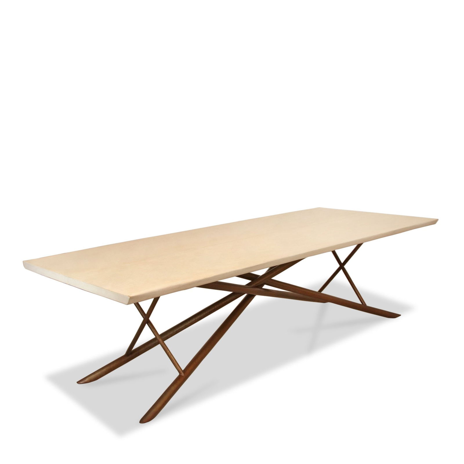 TARACEA MAYA DINING TABLE: Dimensions: H 30" x W 112.25" x D 41.75" Condition: Wear consistent with age and use. Rubs, scuffs, nicks to top. Oxidizing, patina, scuffs to frame