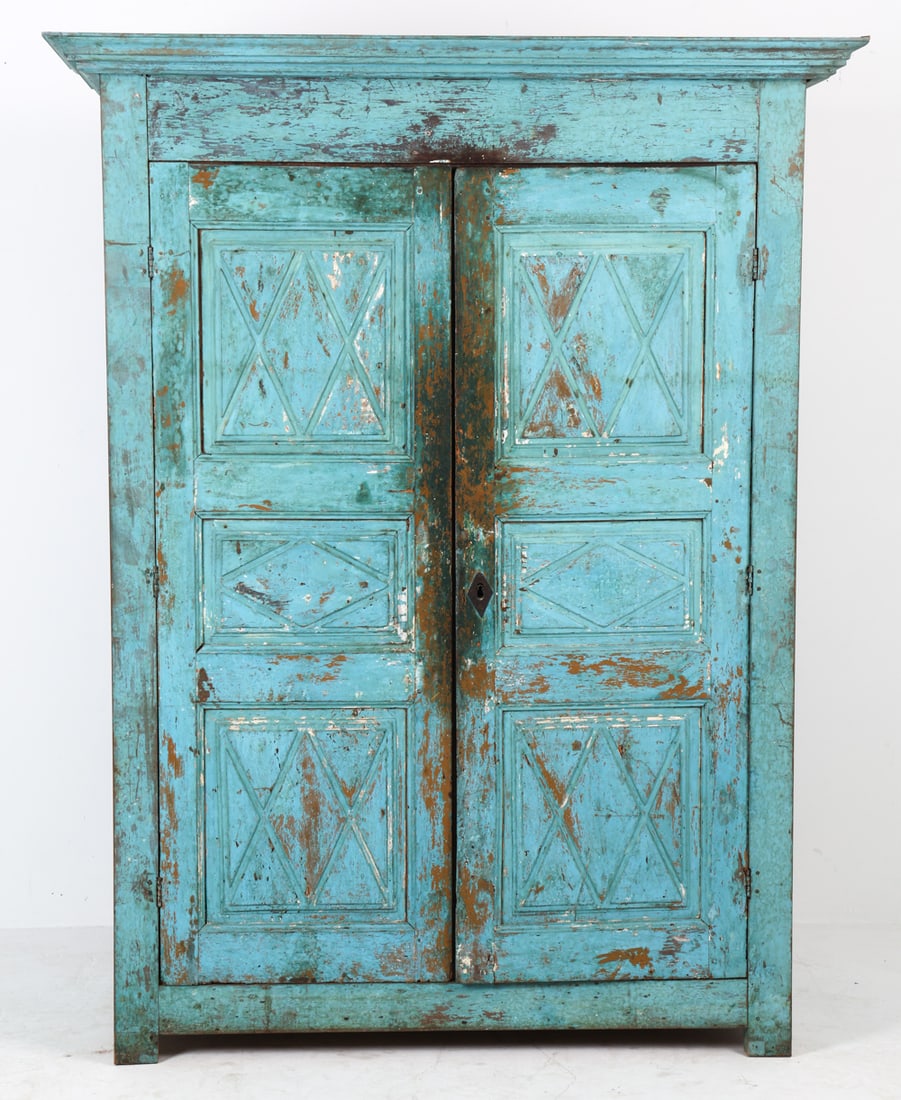 ANTIQUE 19TH C. PAINTED CABINET: Carved and painted wardrobe armoire. Mid 19th century. Dimensions: H 76.5" x W 60" x D 28.5". Condition: Evidence of worming, not active. Scuffs, scratches, rubs, flaking to paint. Top molding not