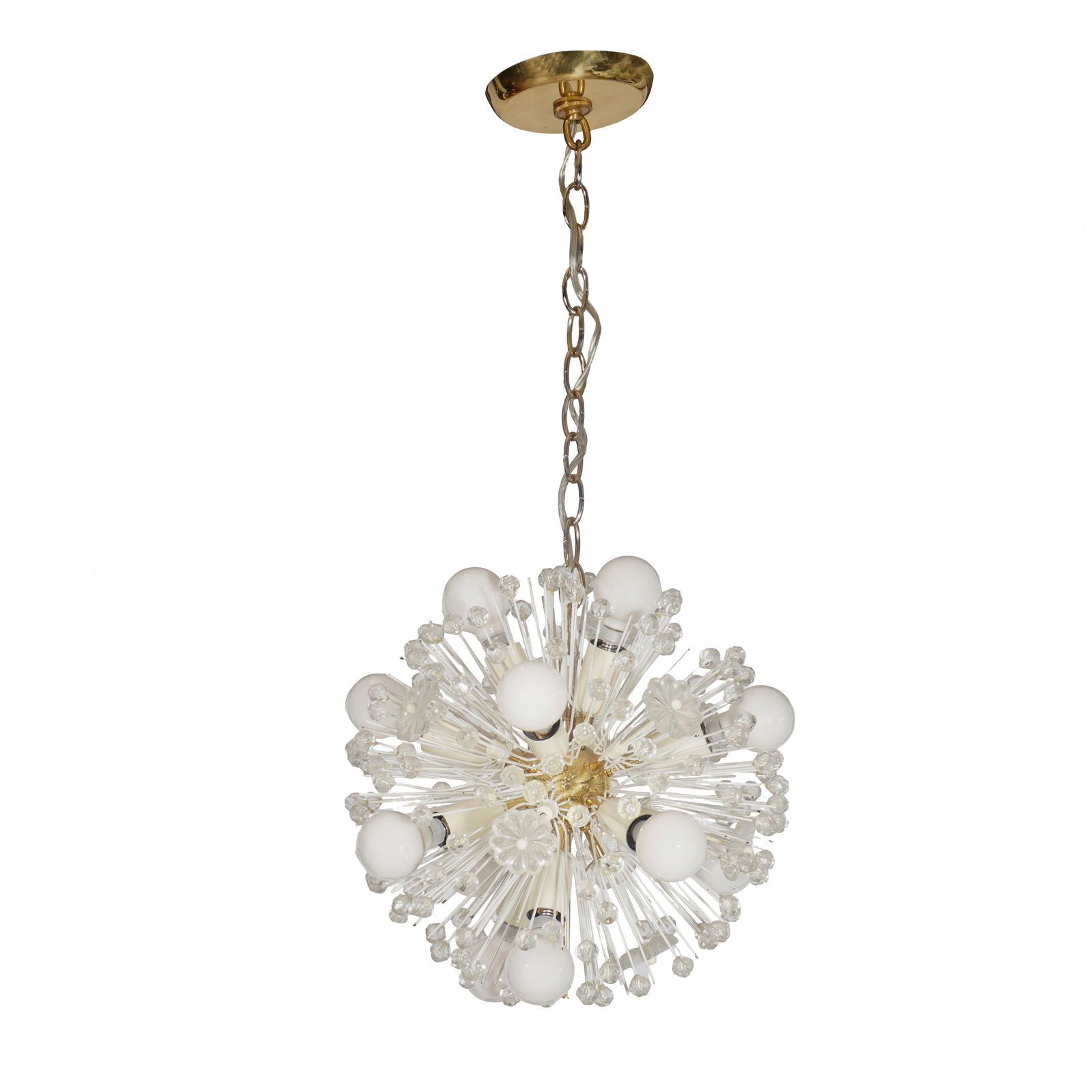 EMIL STEJNAR PUSTEBLUME SPUTNIK CHANDELIER: The Emil Stejnar Snowflake Sputnik Chandelier, crafted in 1960 by Rupert Nikoli, is a quintessential example of mid-century Austrian design. Its brass framework is adorned with acrylic glass beads,