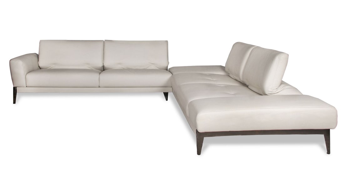 ROCHE BOBOIS LEATHER SECTIONAL SOFA: Upholstered in Soave leather, corrected, embossed grain, pigmented finish. Lumbar cushions in fabric. Adjustable backs with 2 depths and hydraulic mechanism. Seat in polyurethane HR foam 35 kg/m3 and
