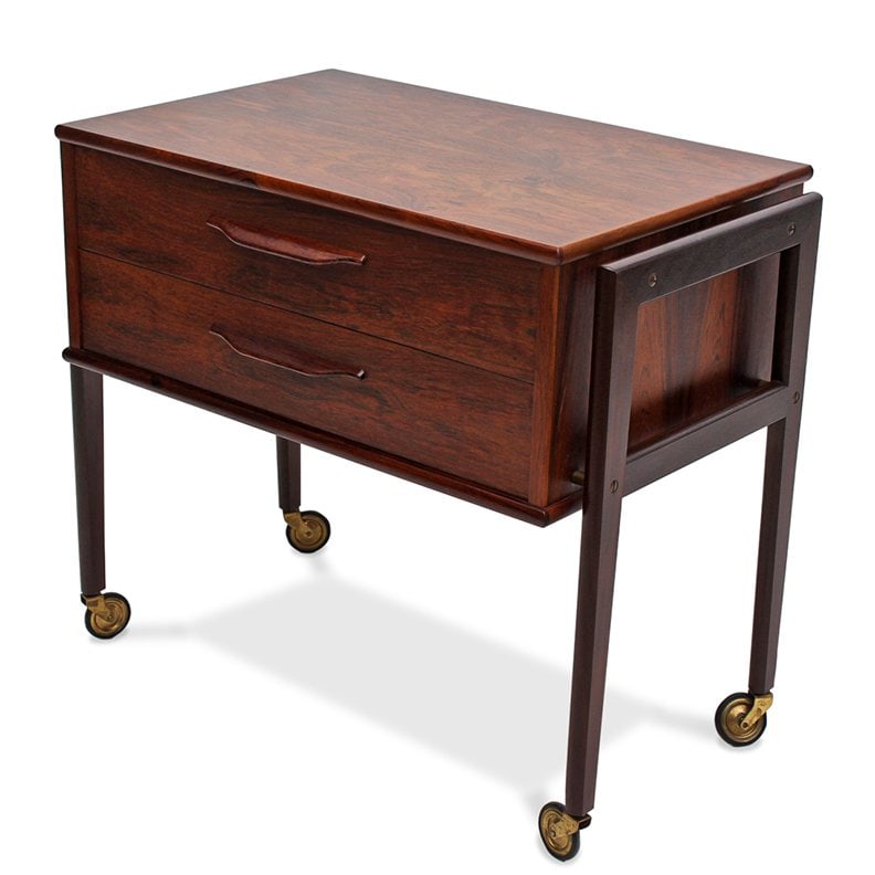 MID-CENTURY DANISH ROSEWOOD & WALNUT CHEST: Rosewood and walnut Danish 2-drawer chest on casters. Apparently unmarked. Dimensions: H 24" x W 28" x D 16.5" Condition: Scuffs through out top surface. Wear consistent with age and use.