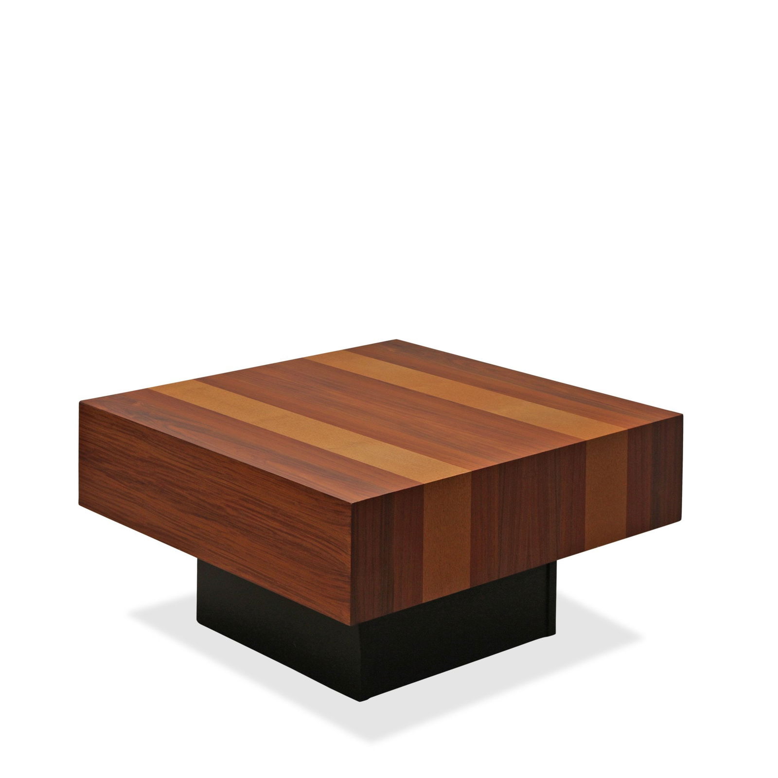 DYRLUND DANISH COFFEE TABLE: Square coffee table by Dyrlund of Denmark designed in a parquetry of rosewood, palisander, teak, and maple resting on a black lacquered cube base. Dimensions: H 16" x W 30" x D 30" Condition: Previous