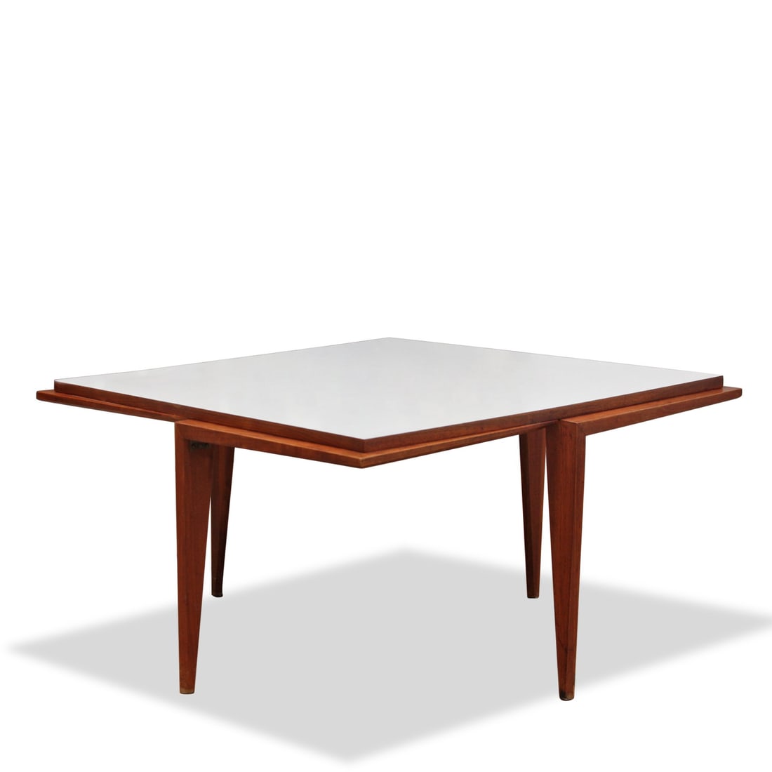 VINTAGE ITALIAN GIO PONTI STYLE COFFEE TABLE: Dimensions: H 17" x W 31.5" x D 31.5" Condition: Wear consistent with age and use. Scuffs, small soiling spots to surface. Rubs to frame & legs.