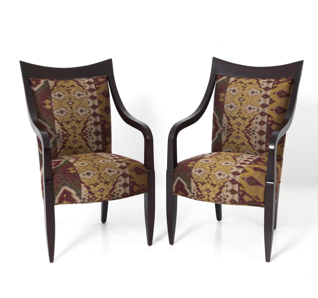 PAIR OF DONGHIA ARMCHAIRS: Dimensions: H 37" x W 21" x D 20" Condition: Scuffs, nicks minor dings to armrests and legs.