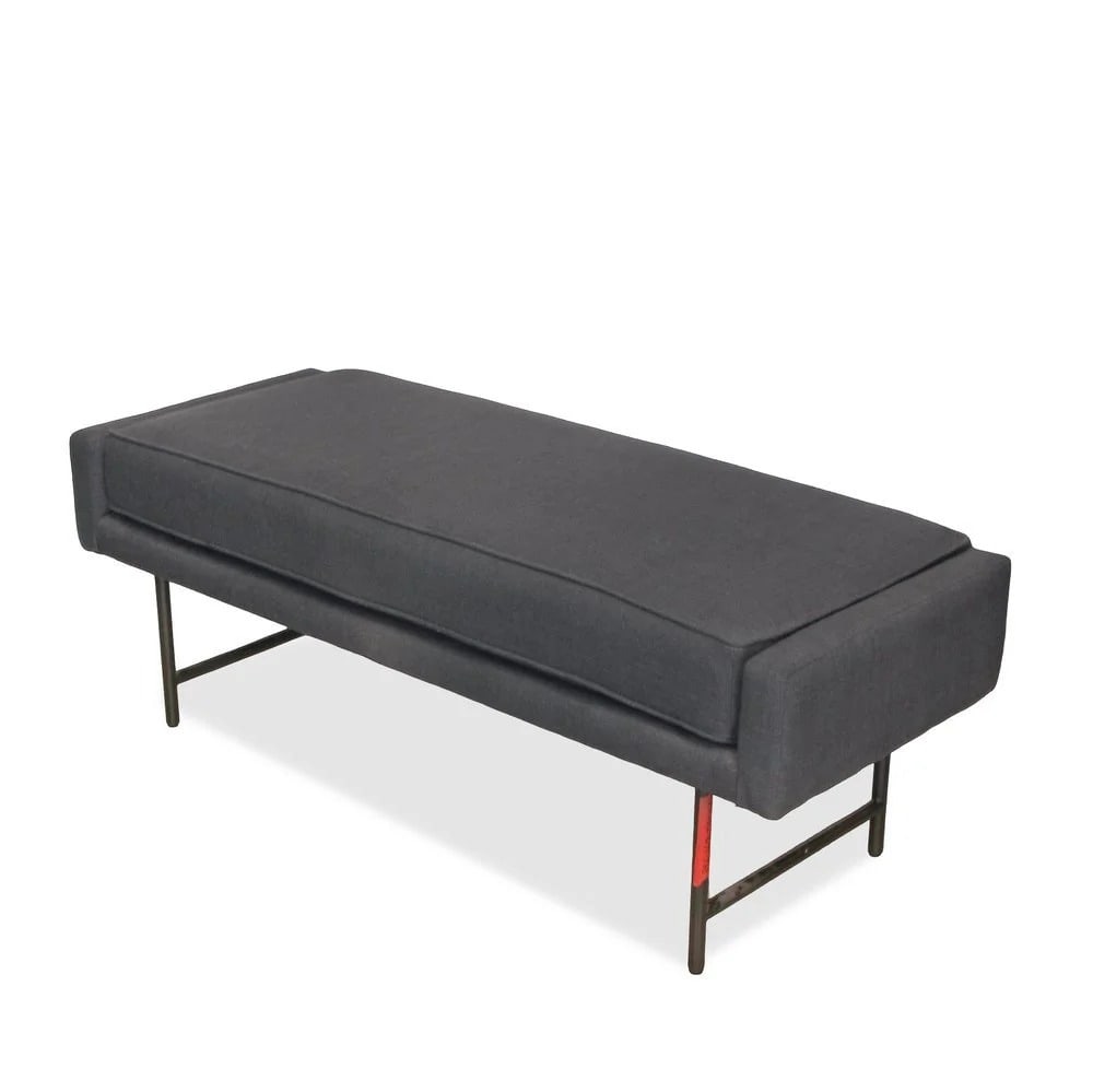BLU DOT BANK BENCH: Dimensions: H 18" x W 48" x D "19" Condition: Wear consistent with age and use. Scuffs, light fading to sides. Missing some hardware.