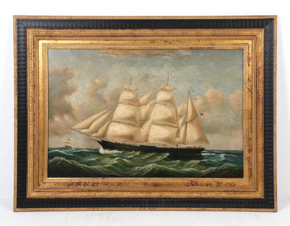 D. TAYLOR (20TH C.) SEASCAPE SHIP PAINTING O/C: Signed to lower right corner. Oil on canvas. Dimensions: Frame H 35.5" x W 48.5". Canvas H 24" x W 36". Condition: Minor scuffs to frame, wear consistent with age and display.