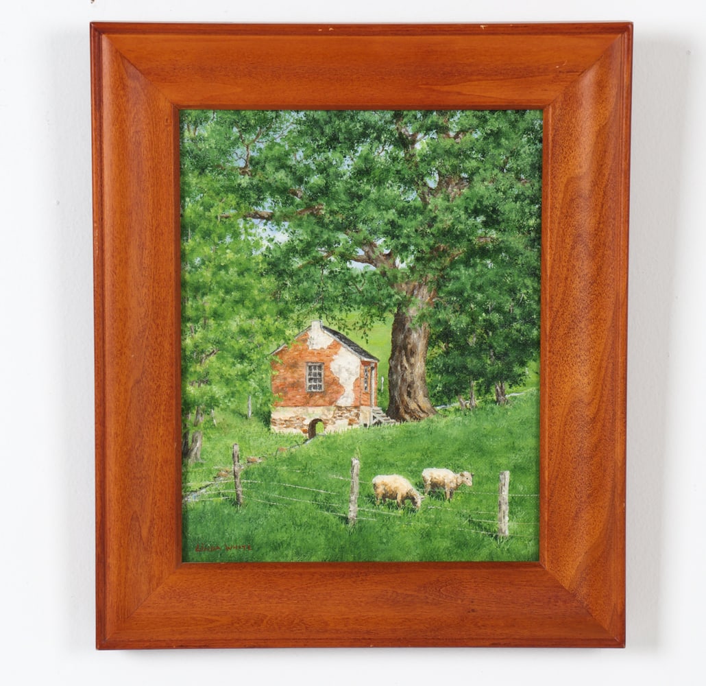 LINDA WHITE (20TH C.) LANDSCAPE W/ SHEEP O/C: Signed to lower left corner. Oil, pencil, and colored pencil on canvas. Information from artist on back. Dimensions: Frame H 13.25" x W 11.25". Canvas H 10.25" x W 8". Condition: Minor dings to frame.