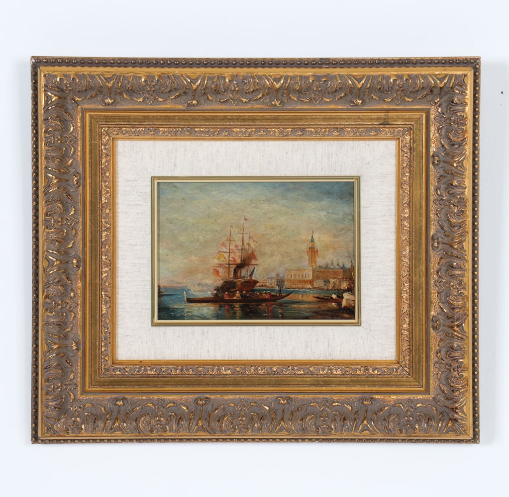 VENITIAN HARBOR PAINTING O/B: Signed to lower right corner. Dimensions: Frame H 17" x W 19.5". Board 6.5" x W 9". Condition: Minor dings to frame, presents well overall.