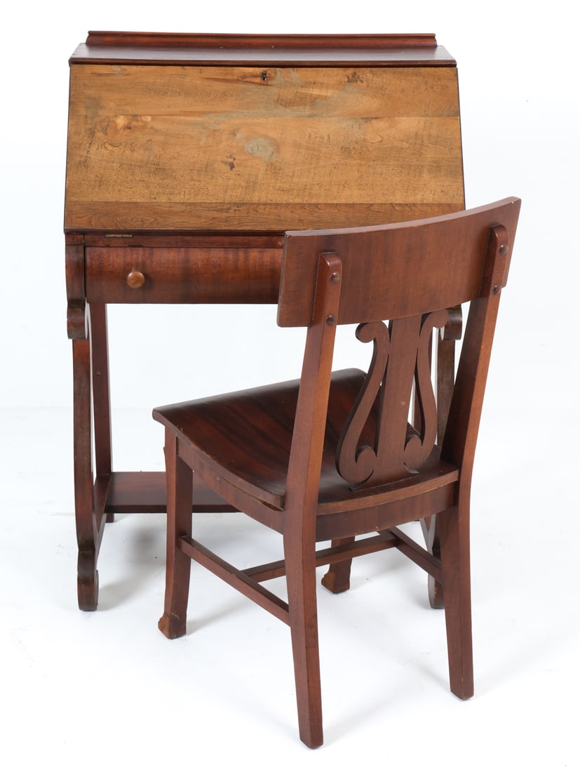 ANTIQUE SECRETARY DESK & CHAIR: Mahogany slant-front secretary desk. Together with lyre splat back side chair. Early 20th century. Dimensions: Desk H 39.25" x W 27" x D 17.25" (Chair H 33.25" x W 16.5" x D 17" x Sh 17". Condition: