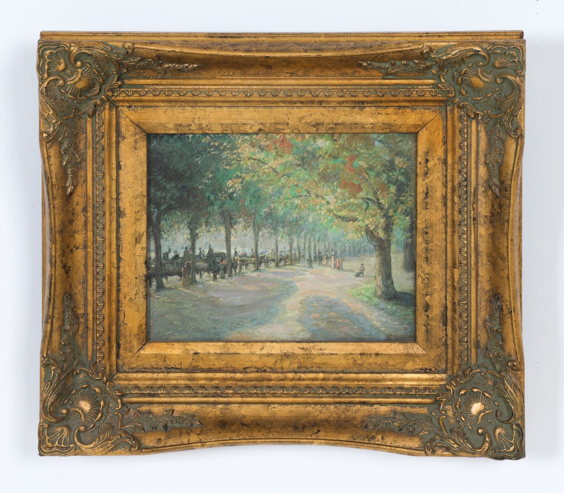 CAMILLE PISSARRO (1830-1903) REPRODUCTION: Reproduction of 'Hyde Park' impressionist landscape by Brushstrokes. Edition 35/4950. Contemporary. Dimensions: Frame H 15.25" x W 17.25". Canvas H 8" x W 10". Condition: Minor dings to frame. Wear