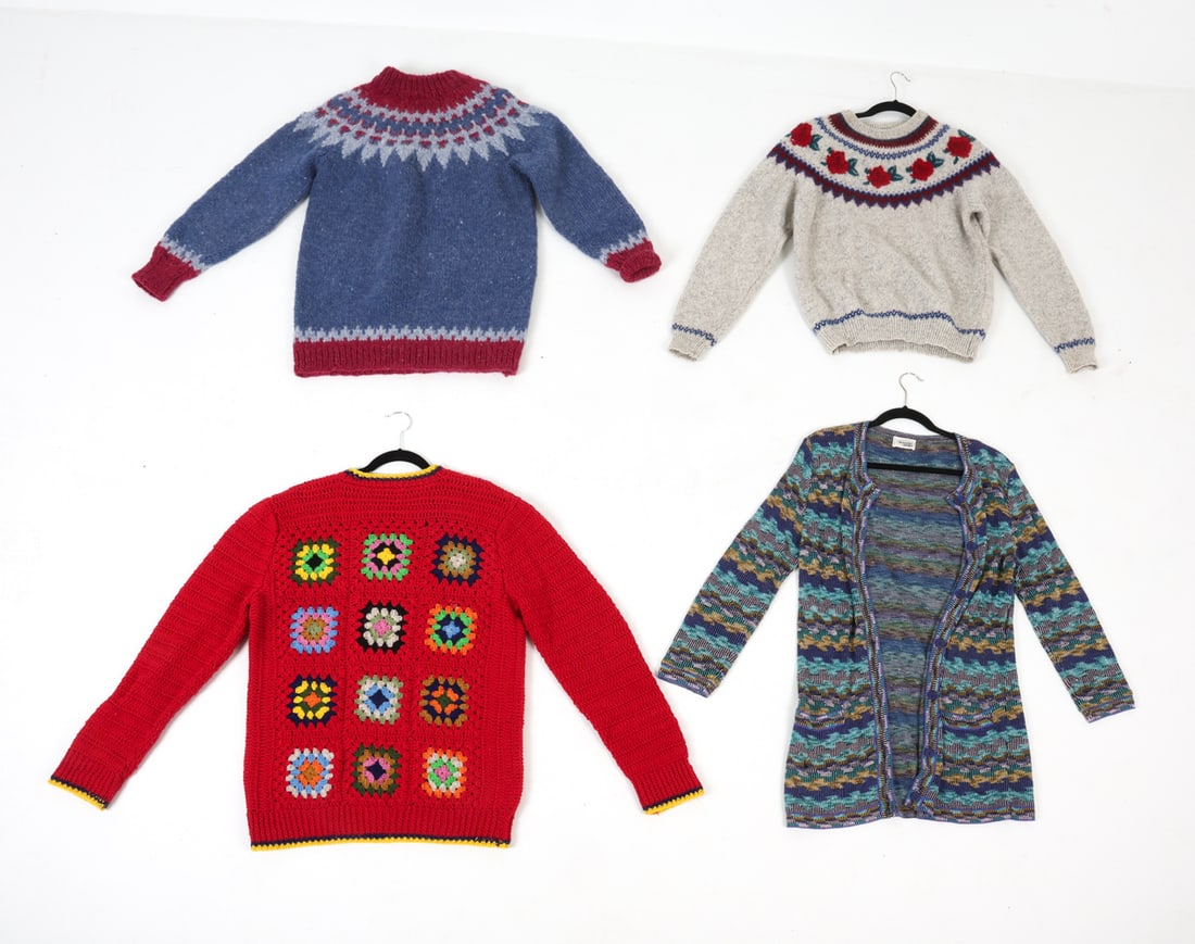 SCANDINAVIAN KNIT CROCHETED WOOL SWEATER GROUPING: Knit and crocheted sweater grouping. Wool. Dimensions: Largest H 32.5" x W 18". Sleeve L 28.5". Condition: Few minor frays, good presentation overall.