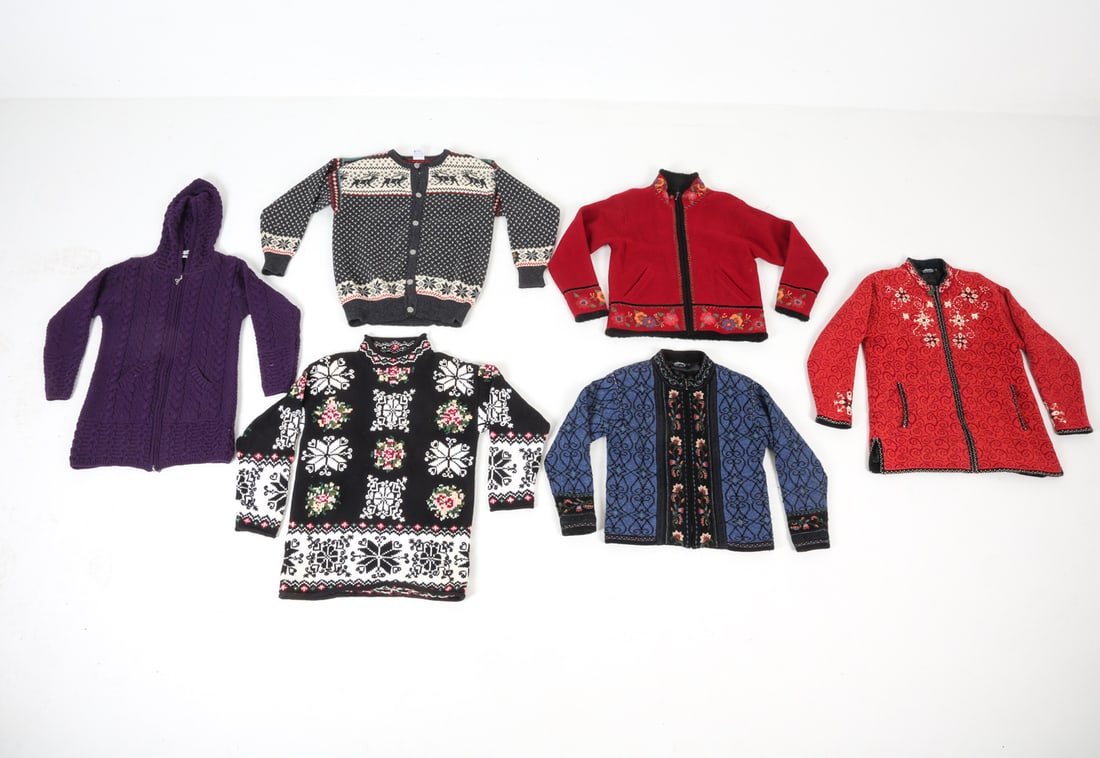 KNIT & CROCHETED WOOL SWEATER GROUPING: (6) Sweaters total. Knit and crocheted designs. Wool. Contemporary. Dimensions: Largest H 32.5" x W 18". Sleeve L 28.5". Condition: Minor frays, wear consistent with regular use.