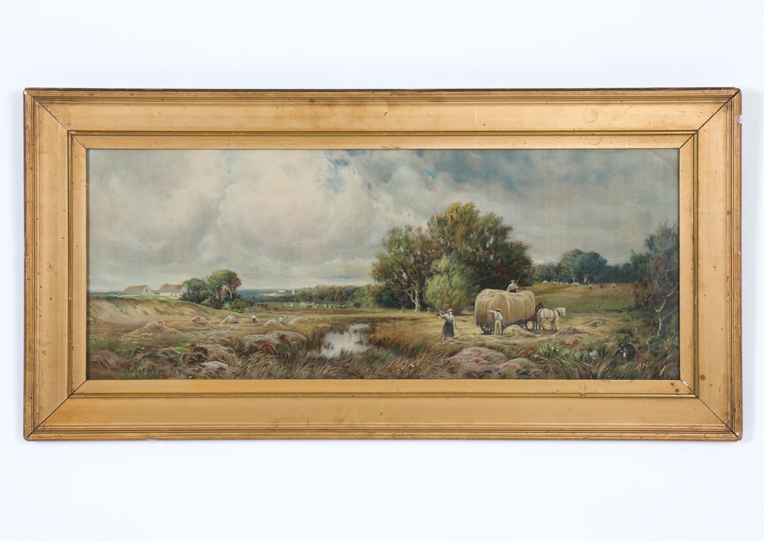 PAUL R. KOEHLER (1875-1909) LANDSCAPE PRINT: Landscape print with farmer figures in foreground. Signature to lower left corner. Early 20th century. Dimensions: Frame H 17.5" x W 36". Sight H 11.5" x W 29.75". Condition: Not examined out of