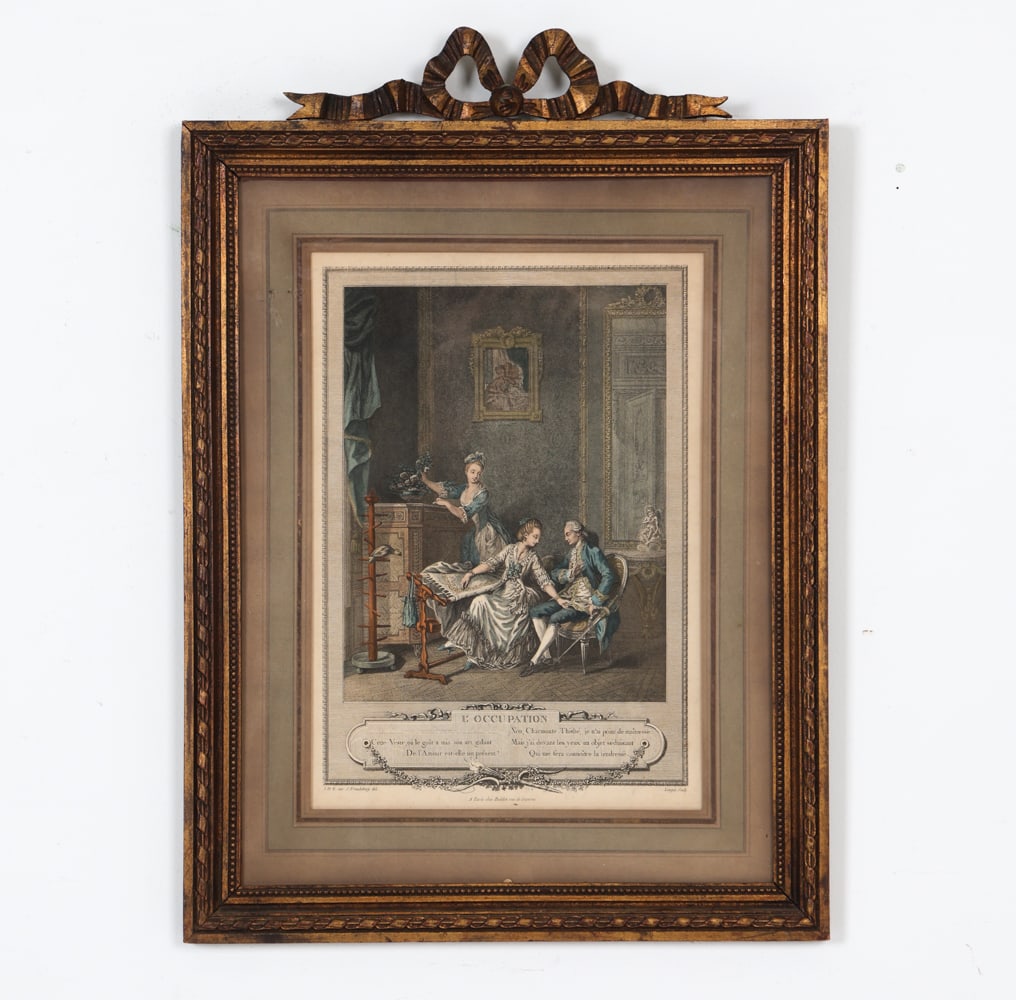 CHARLES LOUIS LINGEE FRENCH LITHOGRAPH PRINT: Titled 'L'Occupation', made for lithograph by Charles Louis Lingee, after Sigmund Freudenberger. Circa 19th century. Dimensions: (frame) H 23.5" x W 16.5" (sight) H 14.25" x W 10". Condition: Showing