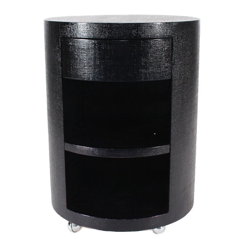 CONTEMPORARY LINEN WRAPPED NIGHTSTAND: Modern linen Wrapped Nightstand. This nightstand adds a modern textural twist to any space. Dimensions: H "27" x Dia 20" Condition: Wear consistent with age and use.