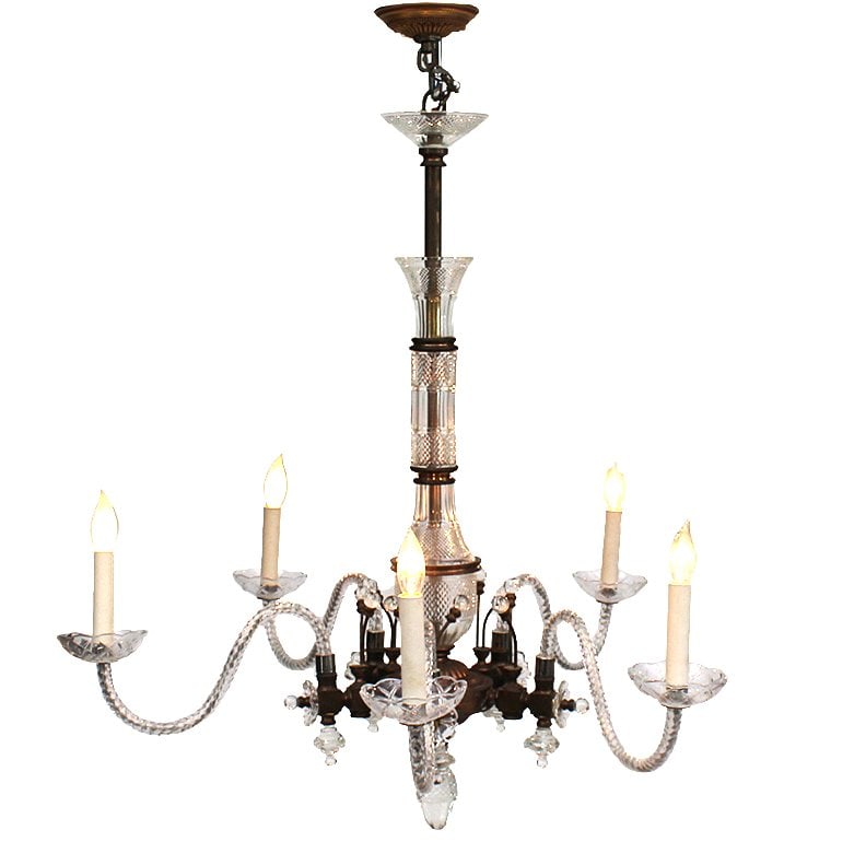 ABC HOME 6-LIGHT CHANDELIER: Crafted in bronze, Exclusively from ABC Home. Dimensions: H 33" x W 32" x D 32" Condition: Wear consistent with age and use. Patina, scuffs to brass. Some soiling to one light bulb.