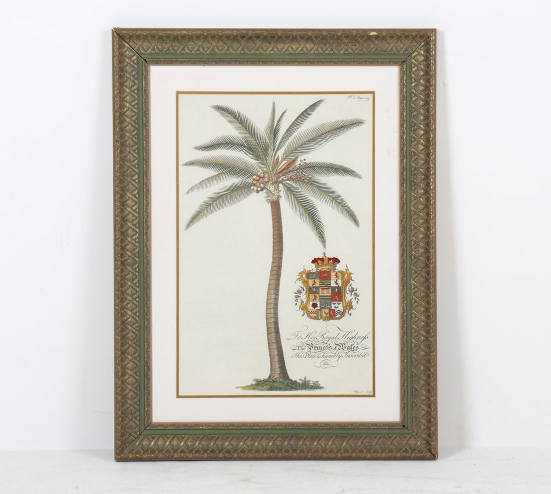 PRINCE OF WALES FAMILY CREST COAT OF ARMS PRINT: 20th century. Dimensions: Frame H 38.5" x W 28.5". Sight H 27.25" x W 16.75". Condition: Not examined out of ram, few scuffs and chips to frame.