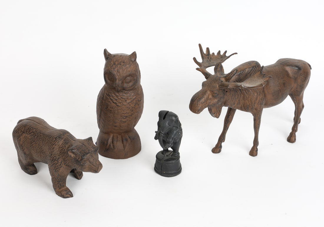 CAST IRON DECORATIVE ANIMAL GROUPING: 20th century. Dimensions Largest, Moose H 7.75" x W 7.25" x D 11.5". Condition: Minor scuffs and rubs.