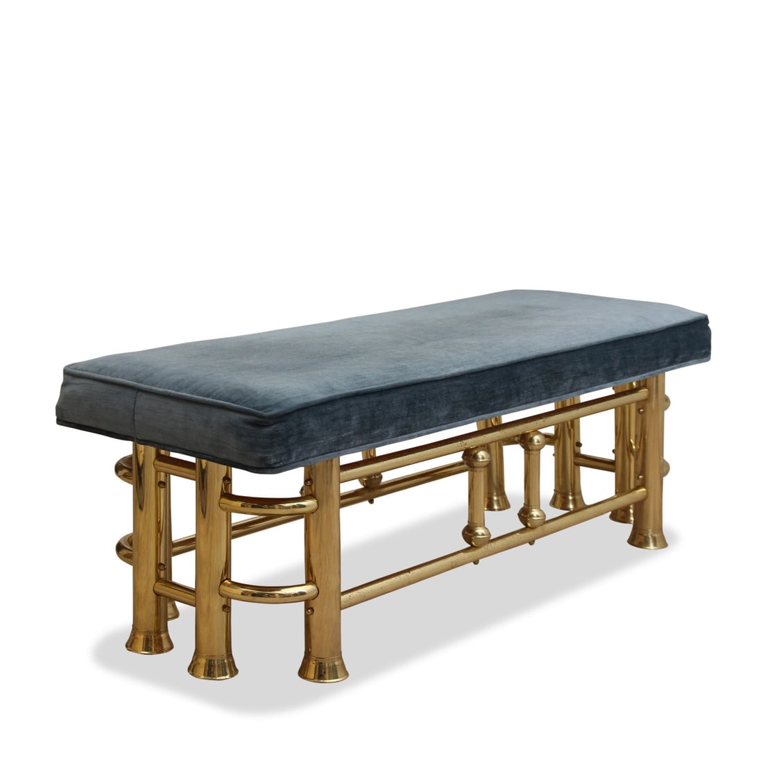 CONTEMPORARY BRASS BENCH: Conemporary. Dimensions: H 17" x W 48" x D 17" Condition: Light patina on brass leg frame. Wear consistent with age and use.