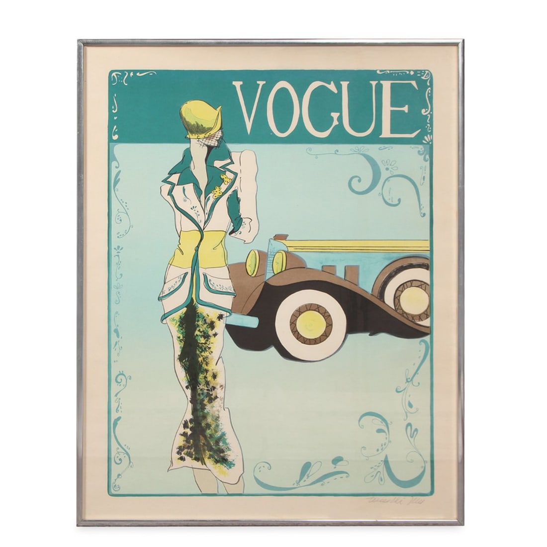 VINTAGE VOGUE POSTER: Vintage Vogue Magazine cover featuring fashion illustration. Signed lower right corner. Dimensions: (Frame) H 26.5" x W 20.5" (Sight) H 26" x W 20" Condition: Wear consistent with age and use.