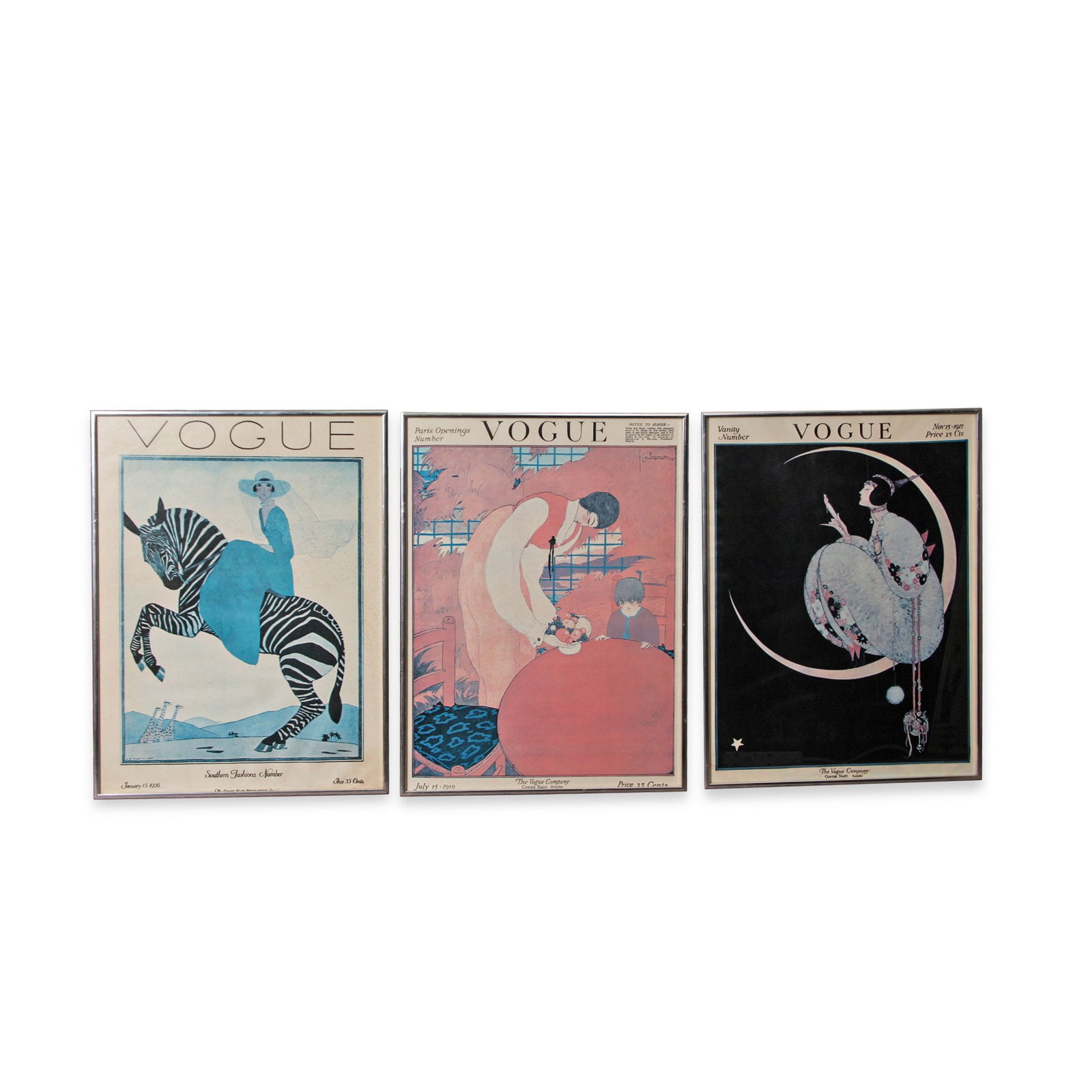 (3) VINTAGE VOGUE POSTERS: Grouping of vintage Vogue magazine cover art. Lady on zebra, Vanity number, Mother and son. Contemporary Dimensions: (Frame) H 24.5" x W 18.5" (Sight) H 24" x W 18" Condition: Wear consistent with