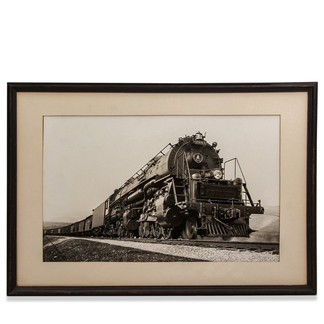 VINTAGE BLACK & WHITE TRAIN PHOTOGRAPH: Dimensions: H 24" x W 17" x D 1" Condition: Wear consistent with age and use. Toning, watermarks to mat. The sight is loose on the back