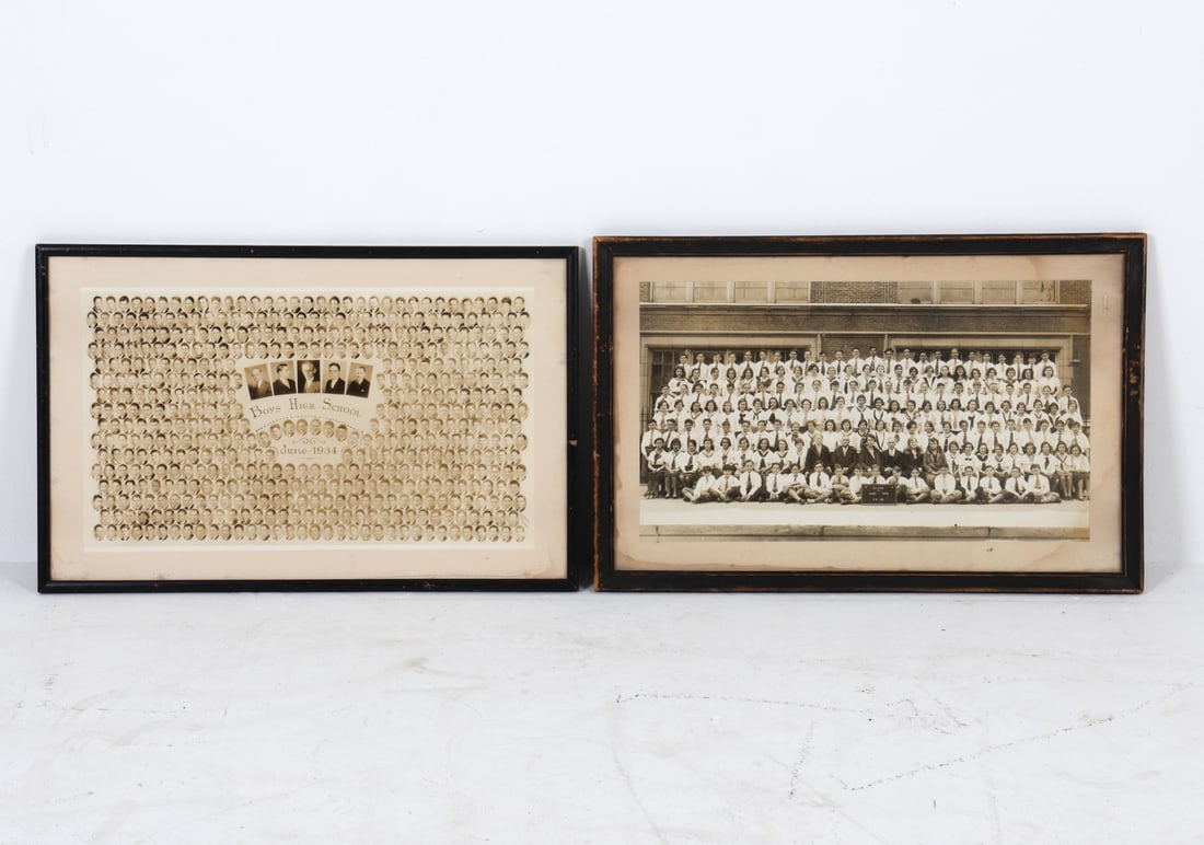 1930S SCHOOL CLASS PHOTOGRAPH GROUPING: Photos printed in 1934 and 1930. Dimensions: Largest Frame H 14.75" x W 22.75". Photo H 11.5" x W 19". Condition: Hanging wire hook detached. Yellowing. Wear consistent with age and display.