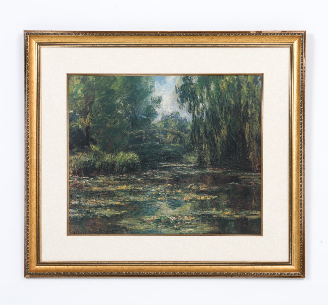 MONET WATER-LILY POND PRINT: Print of "Bridge over a Pond of Water Lilies" Dimensions: (frame) H 36" x W 41" (sight) H 24" x W 29" Condition: No issues to art. Frame with few small losses.