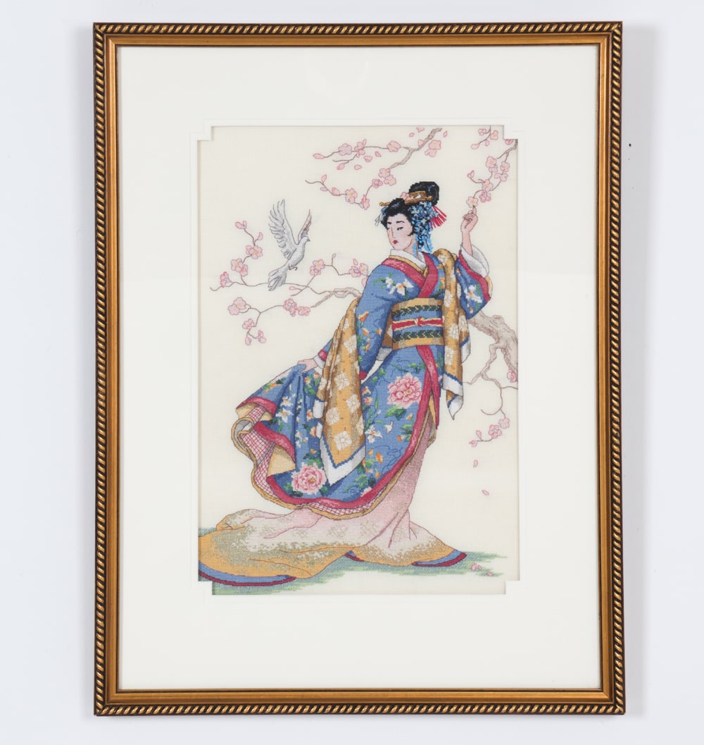ASIAN CROSS-STITCH: "Elegance of the Orient' by Dimensions Gold. Circa 1990s. Dimensions: Frame H 25" x W 19". Sight H 17" x W 11.5". Condition: Minor scuffs to frame.