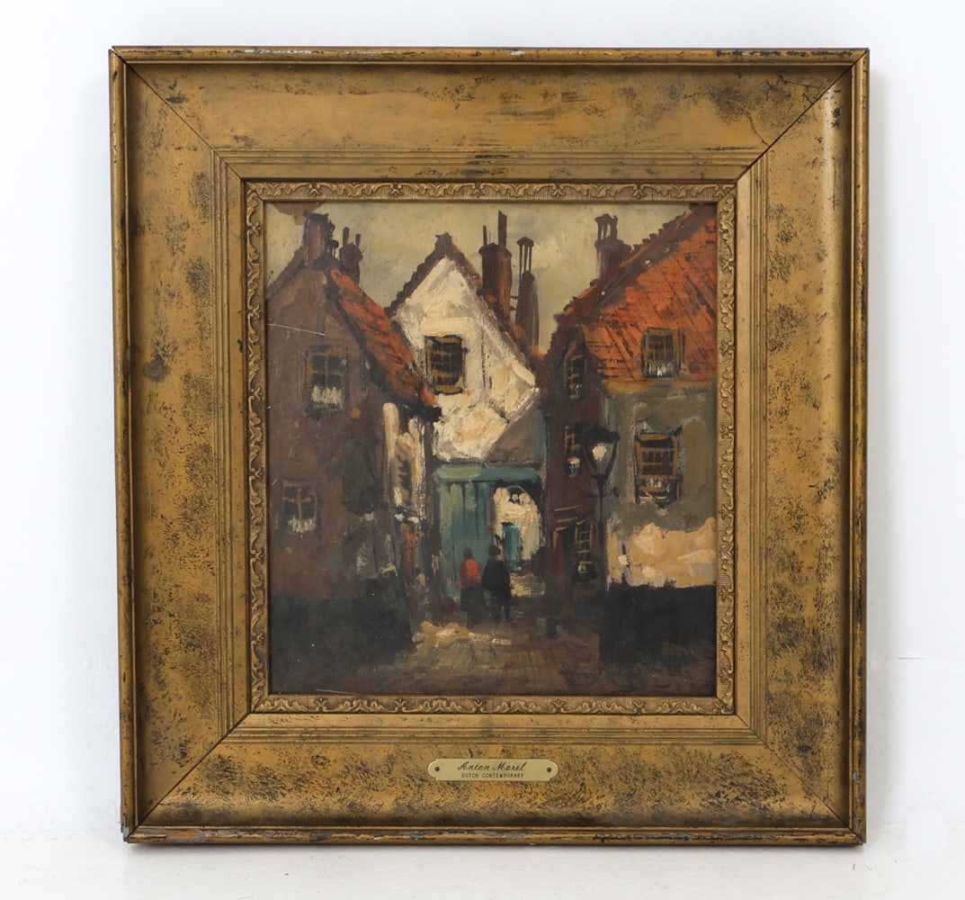 ANTON MOREL DUTCH O/B: Image depicting a Dutch village with houses. Name engraved on plate mounted on the to frame, lower margin. Oil on board. Dimensions: H 18" x W 17" x (Sight) H 13" x W 12" Condition: Minor joint