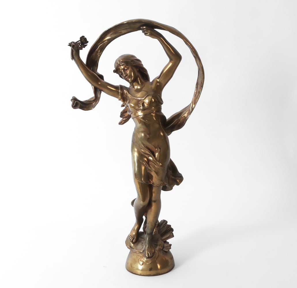 MATHURIN MOREAU "LA ROSEE" BRONZE SCULPTURE: Bronze sculpture titled "La Rosee"(The Dew) by Mathurin Morerau(French, 1822-1912). Signed Math. Moreau on base. Dimensions: H 24.75" x W 12.25" x D 6.5" Condition: Wear consistent with age and use